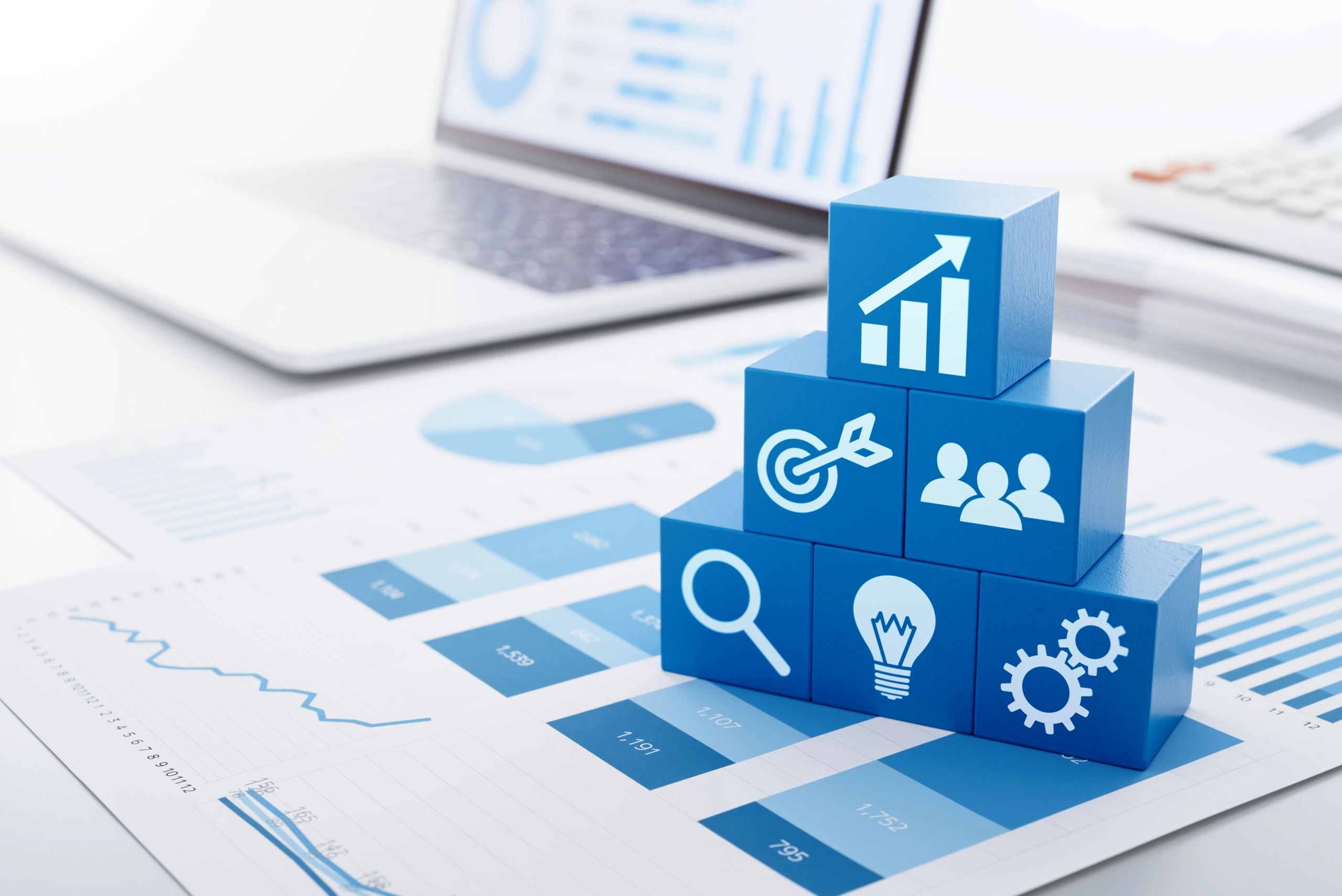Marketing analytics and reports on a laptop